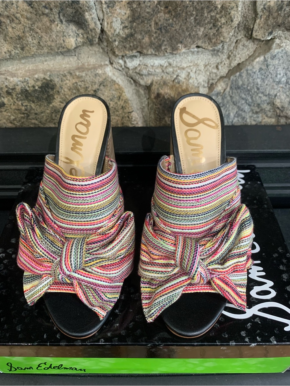 Sam Edelman Yumi Multi Stripe Bow Open Toe Heeled Mules Women's 7.5 M E9919F2900